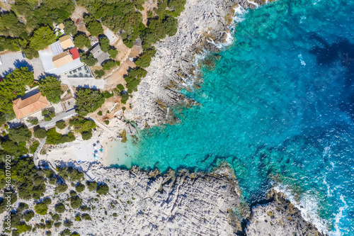 Aerial drone top down view of rocky coastline close to Alaties Beach, Kefalonia, Ionian islands, Greece photo