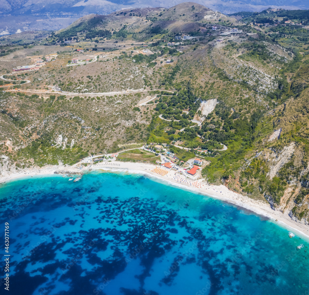 Aerial panorama of Petani Beach in Kefalonia, Ionian Islands, Greece