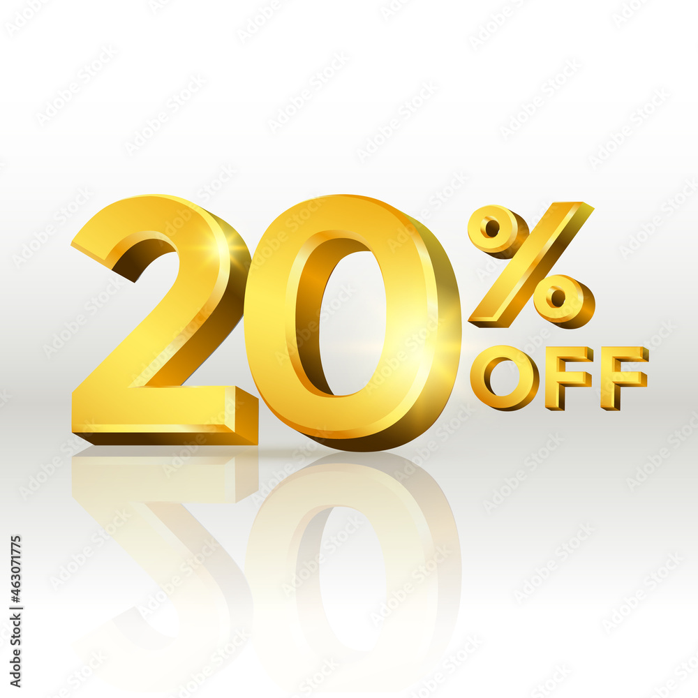 20 percent off glossy gold text vector in 3d style isolated on white background with reflection for marketing design 20 percent off glossy gold text vector in 3d style isolated on white background with reflection for marketing design