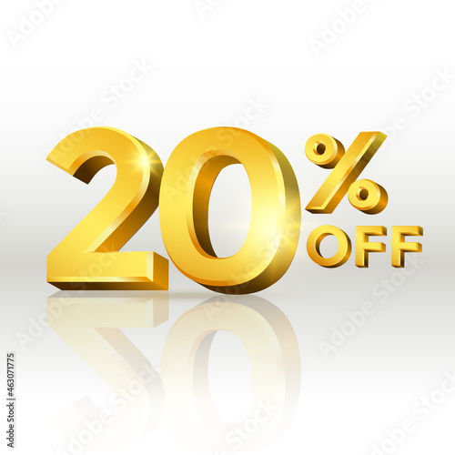20 percent off glossy gold text vector in 3d style isolated on white background with reflection for marketing design