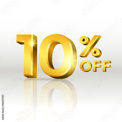 10 percent off glossy gold text vector in 3d style isolated on white background with reflection for marketing design