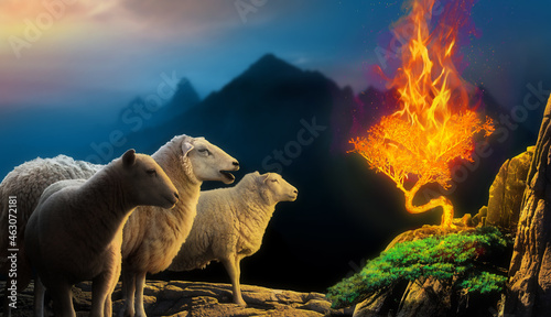 Fotografia Sheep gather around burning bush on top of a mountain