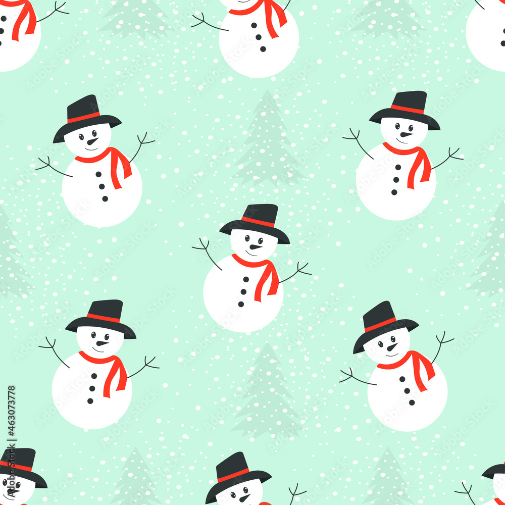 Christmas seamless background with a snowman and a Christmas tree. Traditional winter pattern vector illustration. Template for a New Year's card. Holiday design.