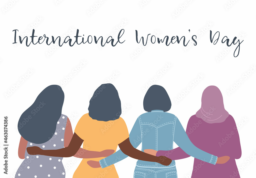 Young women are standing and hugging. Four girlfriends. Back view. International Women's Day concept. Women's community. Female solidarity. Vector illustration