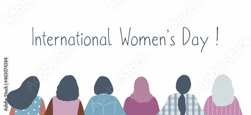 International Women's Day concept. Women's community. Young women stand together. Back view. Vector illustration