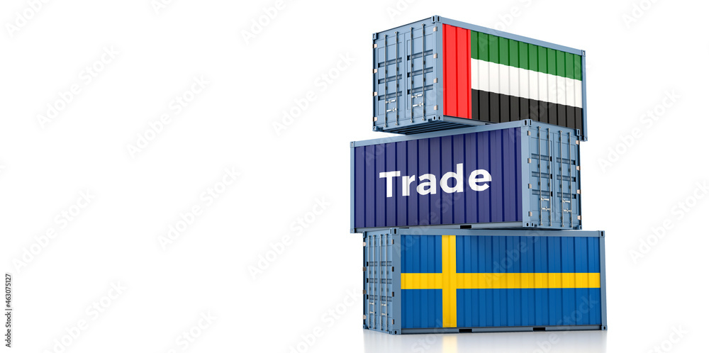Shipping containers with United Arab Emirates and Sweden flag. 3D Rendering Shipping containers with United Arab Emirates and Sweden flag. 3D Rendering