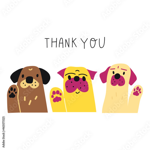 Three funny dogs. Thank you. Vector illustration on white background.