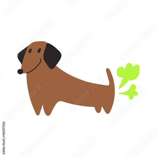 Illustration. Dachshund is farting. Vector hand drawn icon on white background