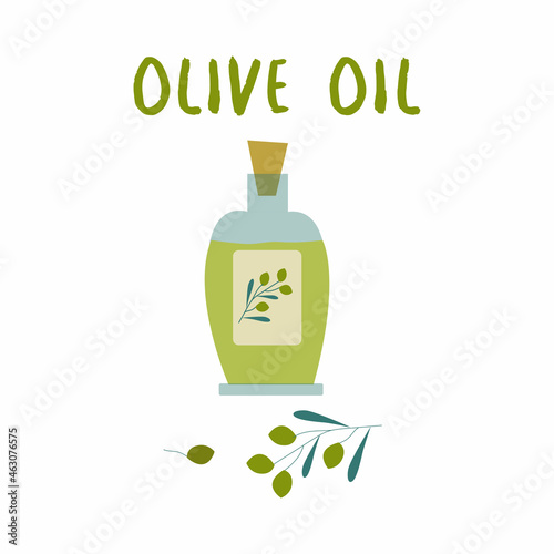 Olive oil bottle and olives on branch in flat design vector illustration isolated on white background. Olive oil icon.