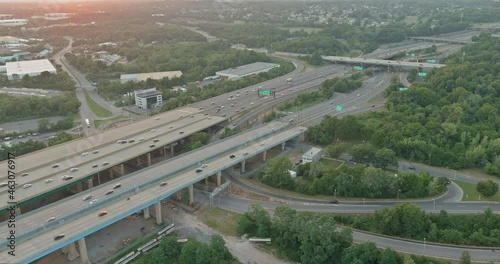 Aerial view of vehicles driving on Alfred E. Driscoll Bridge a huge complex road junction at the entrance connected for Woodbridge town New Jersey photo