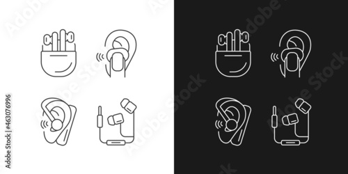 Compact in ear earphones linear icons set for dark and light mode. Small earpieces for listening music. Customizable thin line symbols. Isolated vector outline illustrations. Editable stroke