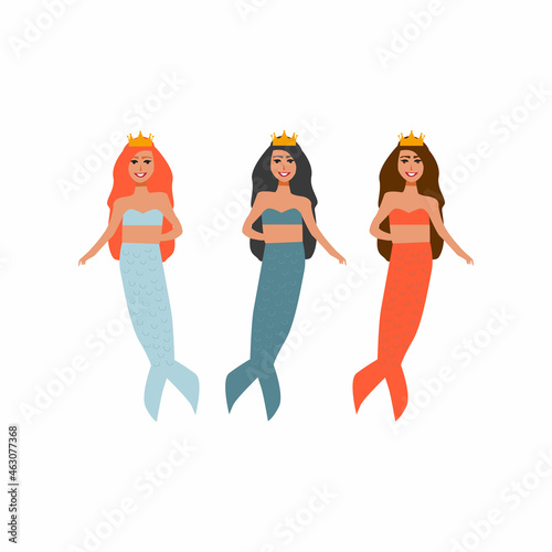 Three mermaids. Beautiful mermaid girls swim in the water. Fantastic image of a fairy tale. Vector illustration.