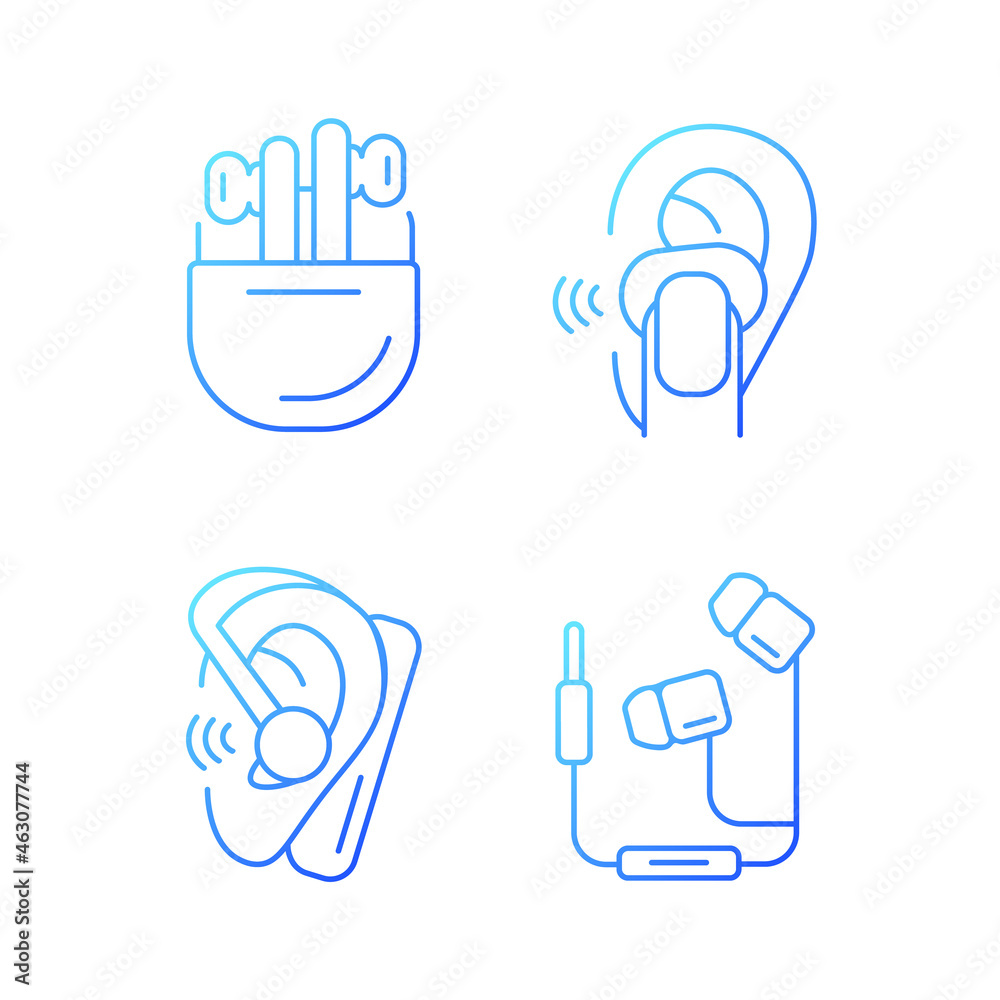 Compact in ear earphones gradient linear vector icons set. Small earpieces for listening music. Wireless and wired devices. Thin line contour symbols bundle. Isolated outline illustrations collection Compact in ear earphones gradient linear vector icons set. Small earpieces for listening music. Wireless and wired devices. Thin line contour symbols bundle. Isolated outline illustrations collection