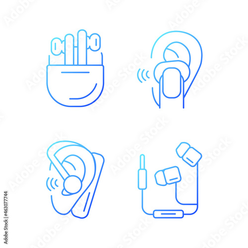 Compact in ear earphones gradient linear vector icons set. Small earpieces for listening music. Wireless and wired devices. Thin line contour symbols bundle. Isolated outline illustrations collection