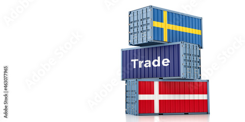 Shipping containers with Denmark and Sweden flag. 3D Rendering © Marius Faust