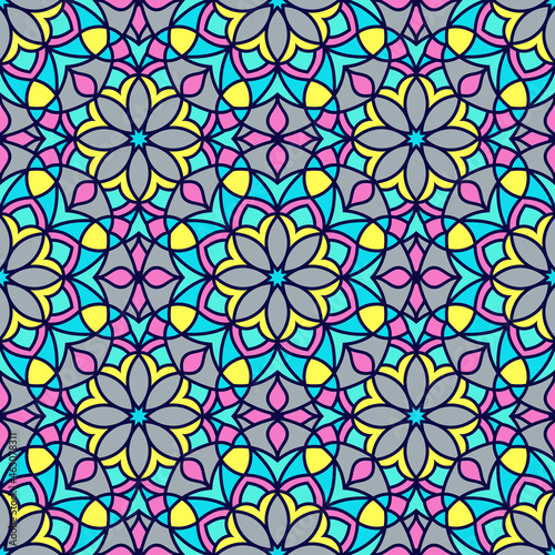 Abstract seamless backdrop. Design for prints, textile, decor, fabric. Round colorful texture in gray, blue, yellow and rose colors. Mandala flower background