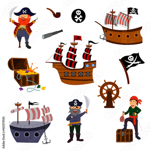 a set of charming pirates, a sailing ship, a treasure chest isolated on a white background. Children's vector illustration in a flat cartoon style