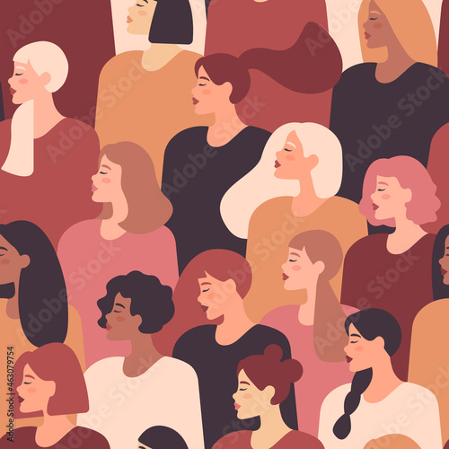 Female diverse faces of different ethnicity. Vector seamless drawing with women of different nationalities and cultures. Women's struggle for freedom, independence, equality.