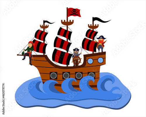 cartoon vector illustration of pirates sailing on a ship, isolated on a white background.