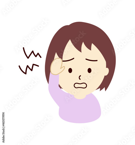 頭痛で額を押さえる女の子のイラスト