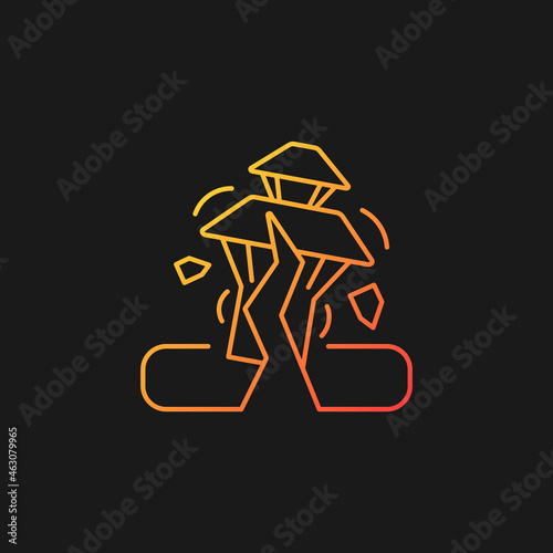 Earthquake in Nepal gradient vector icon for dark theme. Seismically active region. Damaged towns. Destroyed structures. Thin line color symbol. Modern style pictogram. Vector isolated outline drawing