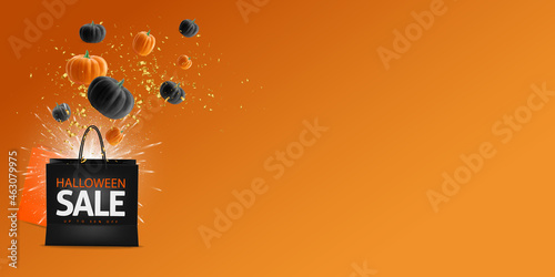 Halloween Sale banner. Gift shopping bag with explosion fireworks, confetti and pumpkins. Realistic orange and black pumpkins. Discount. Promotion. Place for text. Vector illustration. Vector