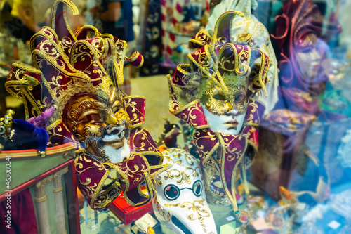 Traditional venician masks on shelves in shop in Venice  Italy