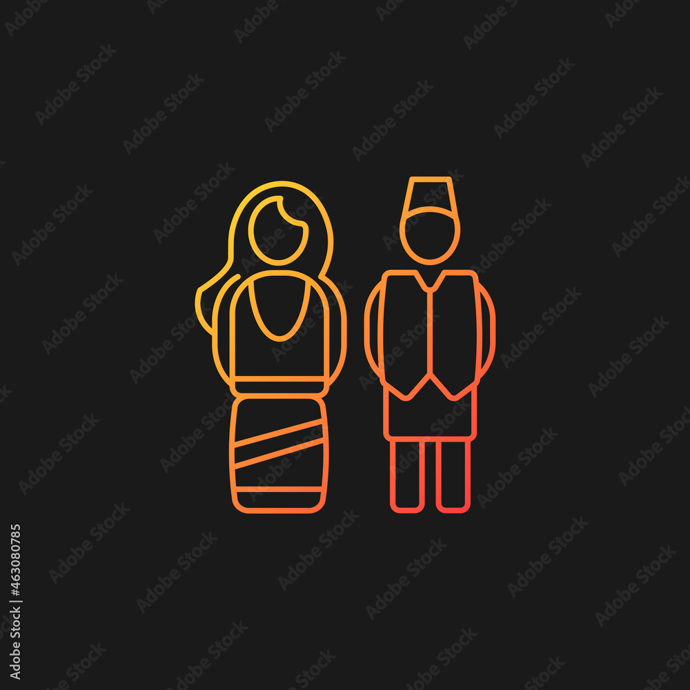 Nepal traditional costume gradient vector icon for dark theme. Festive outfit for religious occasions. National dresses. Thin line color symbol. Modern style pictogram. Vector isolated outline drawing Nepal traditional costume gradient vector icon for dark theme. Festive outfit for religious occasions. National dresses. Thin line color symbol. Modern style pictogram. Vector isolated outline drawing
