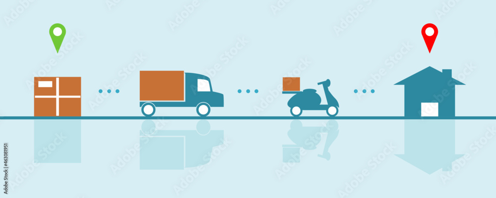 Fototapeta premium Order delivery service tracking transport parcel with location mark on blue background flat icon vector design.