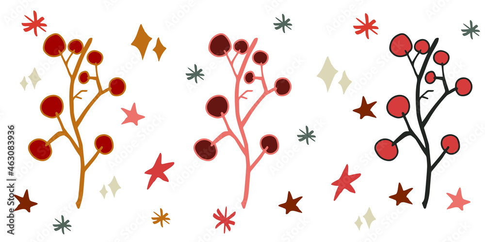 Christmas decorations Christmas twigs with berries isolated vector elements. Christmas doodles