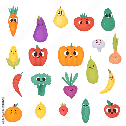 vector set clipart vegetables, fruits with cute kawaii face and big eyes.isolated