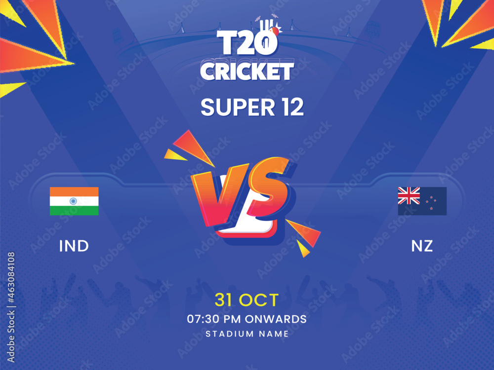 T20 Cricket Super 12 Match Between India VS New Zealand On Violet Silhouette Players Background. - obrazy, fototapety, plakaty 