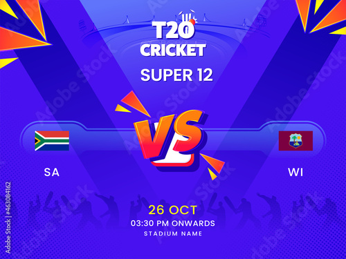 T20 Cricket Super 12 Match Between South Africa VS West Indies On Violet Silhouette Players Background.