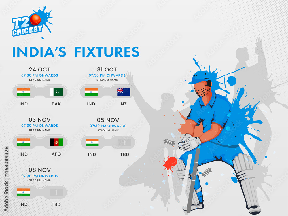 T20 Cricket India's Fixtures Schedule Poster Design With Participate Countries And Splash Effect Wicket Keeper On Gray Background. - obrazy, fototapety, plakaty 