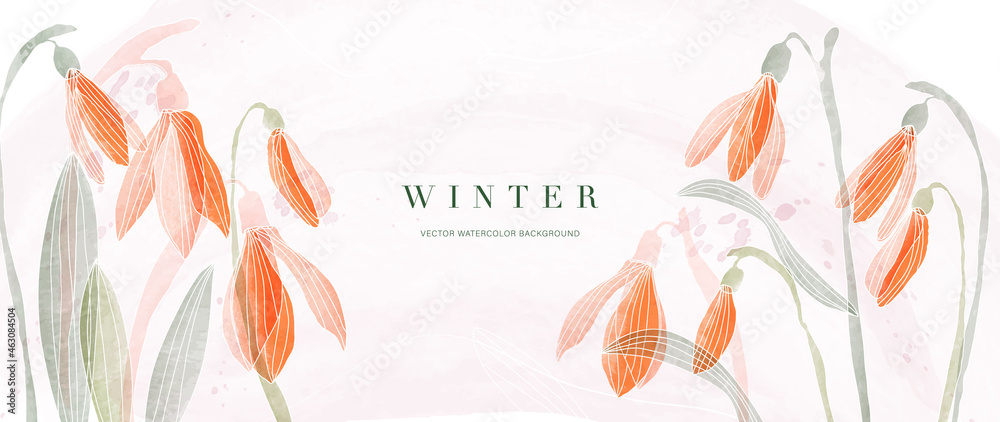 Watercolor art background vector. Wallpaper design with winter flower paint brush line art. Earth tone blue, pink, ivory, beige watercolor Illustration for prints, wall art, cover and invitation. - obrazy, fototapety, plakaty 
