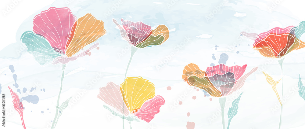 Watercolor art background vector. Wallpaper design with winter flower paint brush line art. Earth tone blue, pink, ivory, beige watercolor Illustration for prints, wall art, cover and invitation. - obrazy, fototapety, plakaty 