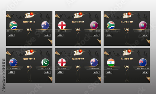 Set Of T20 Cricket Super 12 Poster Design With Participating Countries Flag Shield And Line Art Trophy Cup On Black Silhouette Players Background.