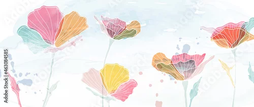 Obraz Watercolor art background vector. Wallpaper design with winter flower paint brush line art. Earth tone blue, pink, ivory, beige watercolor Illustration for prints, wall art, cover and invitation.