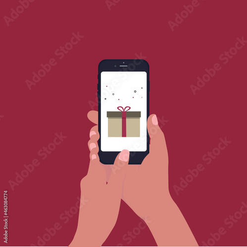 hand holding smartphone. Phone in hand.The concept of online manual payment. Vector illustration. red