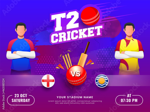 T20 Cricket Match Between England VS West Indies With Faceless Players On Gradient Blue And Purple Halftone Background.