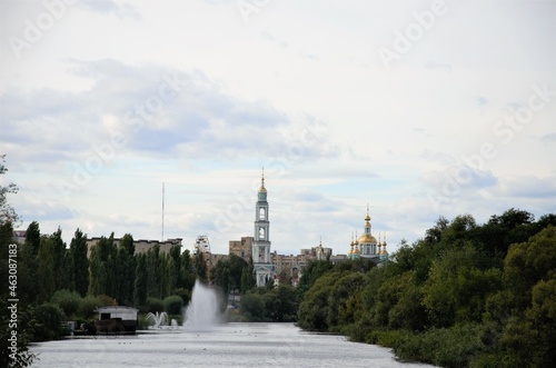 Russia, Tambov. Landscape along the Tsna River with the Transfiguration Cathedral in the distance.