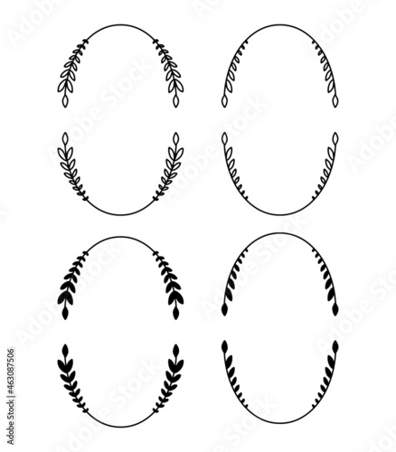 Set of Laurel wreaths. Vector hand drawn laurel wreath isolated on white background. Doodle style. Silhouette and outline floral frames.