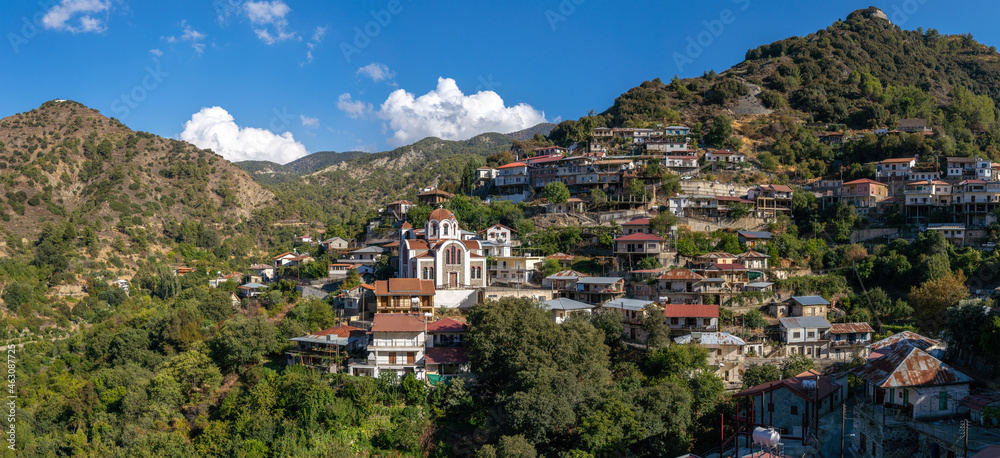 Panorama of the mountain village of kalopanaiotis in Cyprus