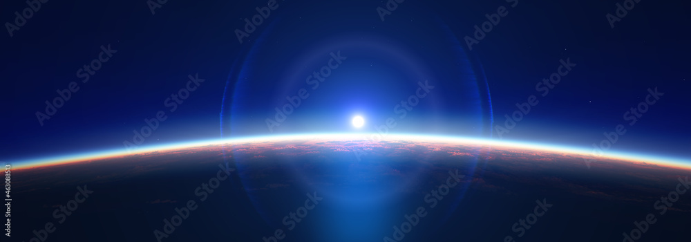 Fototapeta premium Earth sunrise from space over cloudy ocean. 3d rendering