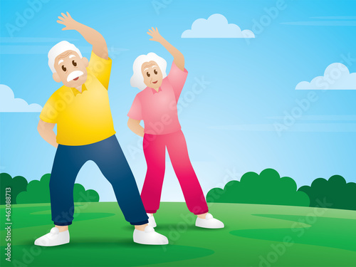 elderly people are exercising on green grass background illustration vector with copy space