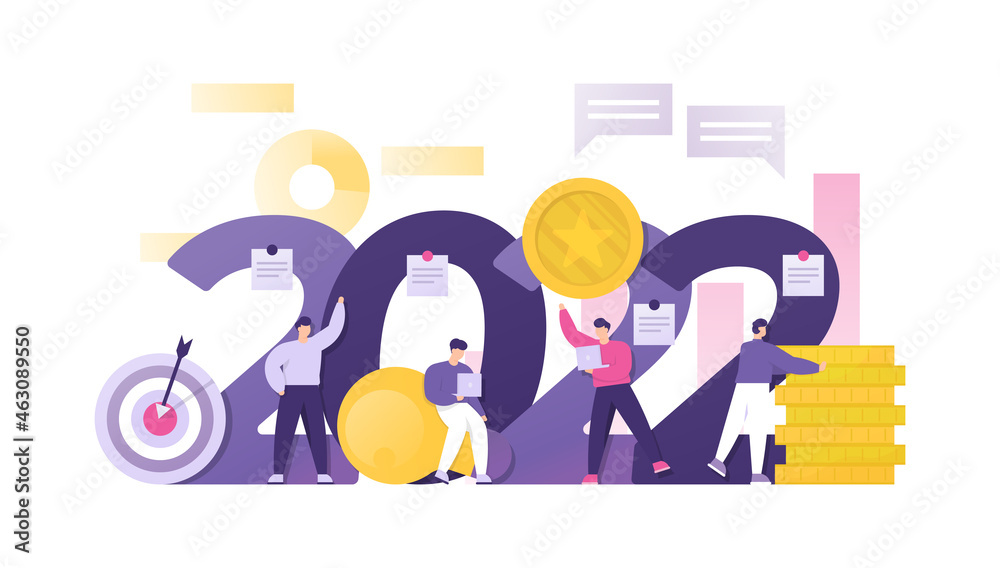Vector illustration of little people celebrating the new year festival, a team planning goals for next year and dancing at an annual party or event. happy new year 2022. typography numbers 2022. flat