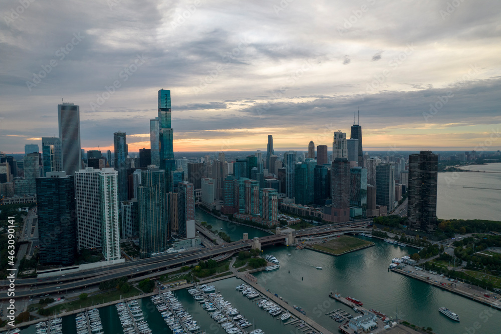 Chicago Downtown Aerial View Sunset