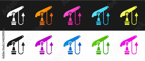 Set Fishing harpoon icon isolated on black and white background. Fishery manufacturers for catching fish under water. Diving underwater equipment. Vector