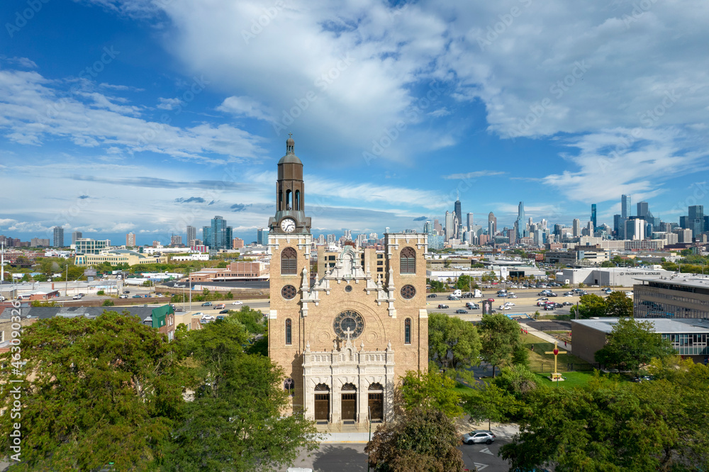 Aerial View of Church and Chicago Skyline