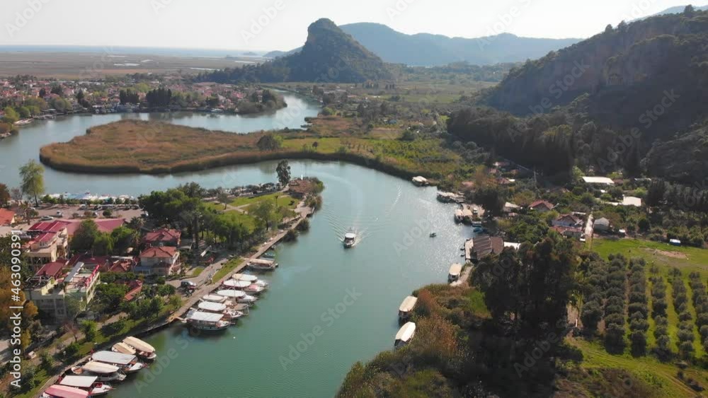Panoramic drone view of river valley and Dalyan resort Mugla Turkey Panoramic drone view of river valley and Dalyan resort Mugla Turkey